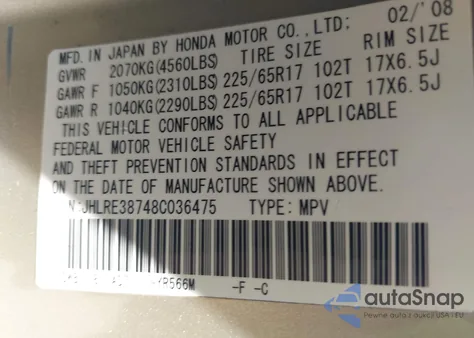 2008 Honda Cr-V Ex-L z USA, uszkodzony, nr VIN JHLRE38748C036475
